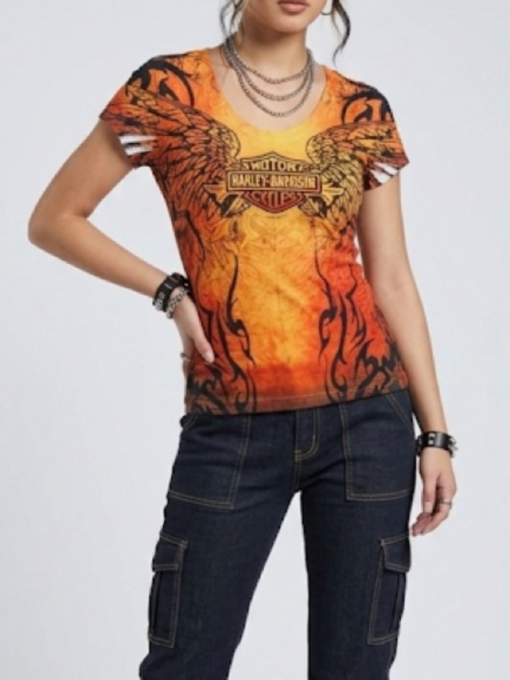 Harley-Davidson Flame Print T-Shirt Size Small Shortsleeve T Orange Black